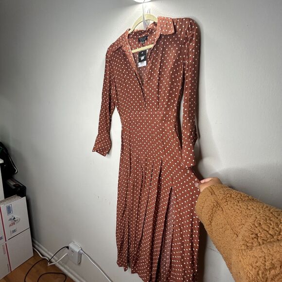 Topshop Brown Cream Polka-Dot 3/4 Sleeve Front Button Pleated Slit Maxi Dress 2 - Picture 6 of 14